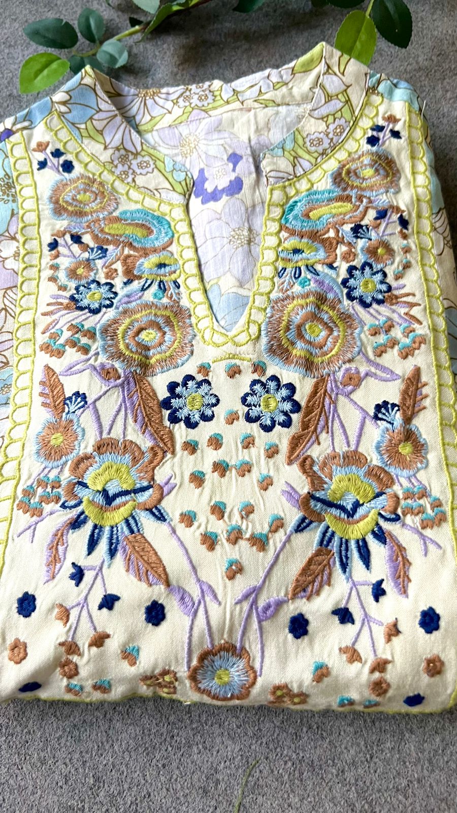 Cream floral cotton embroidery kurti top
