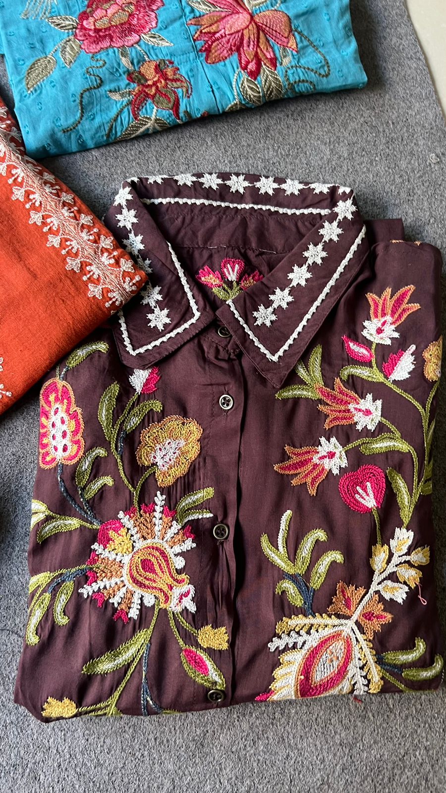 Coffee rayon embroidery kurti short top