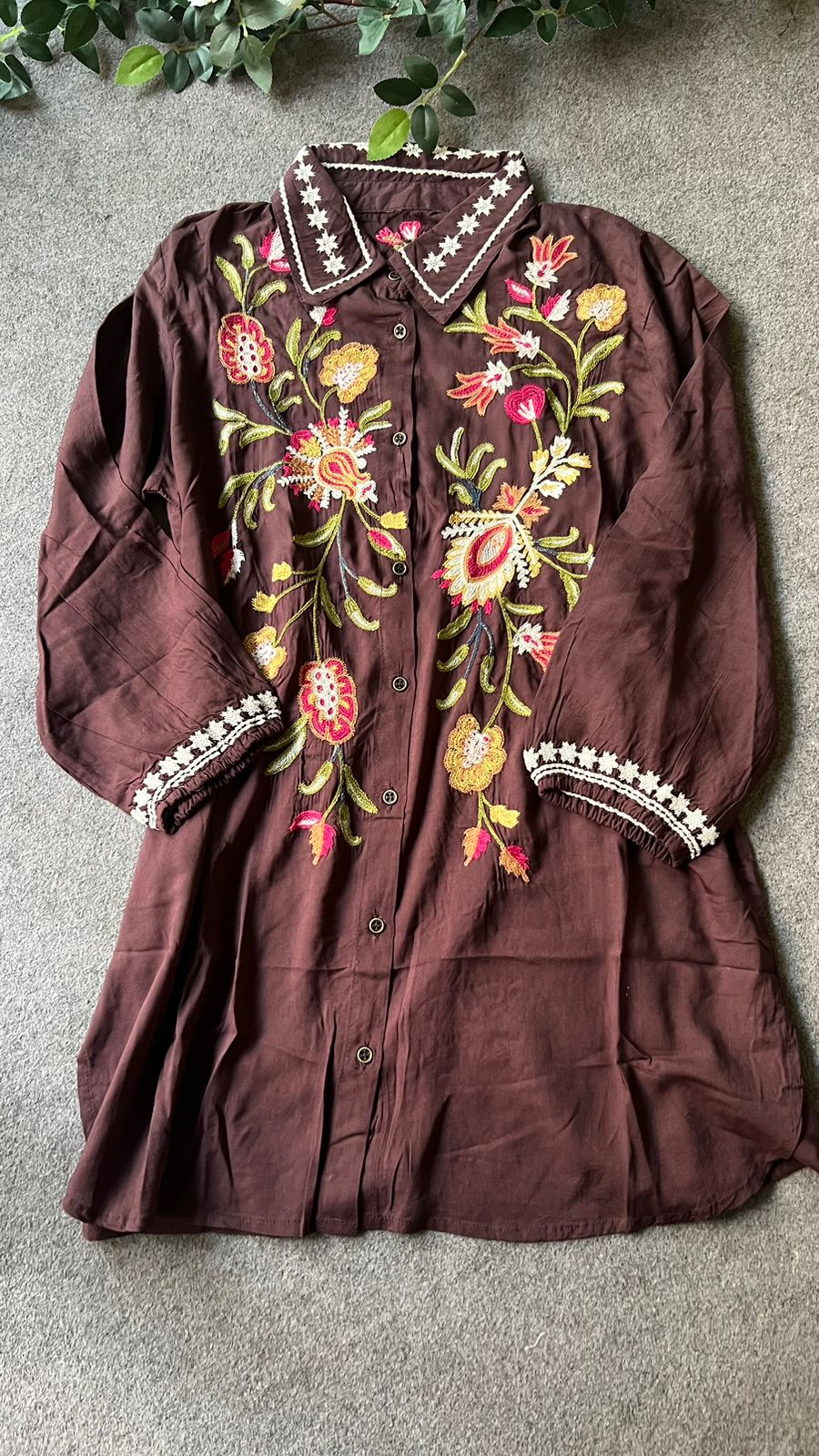 Coffee rayon embroidery kurti short top