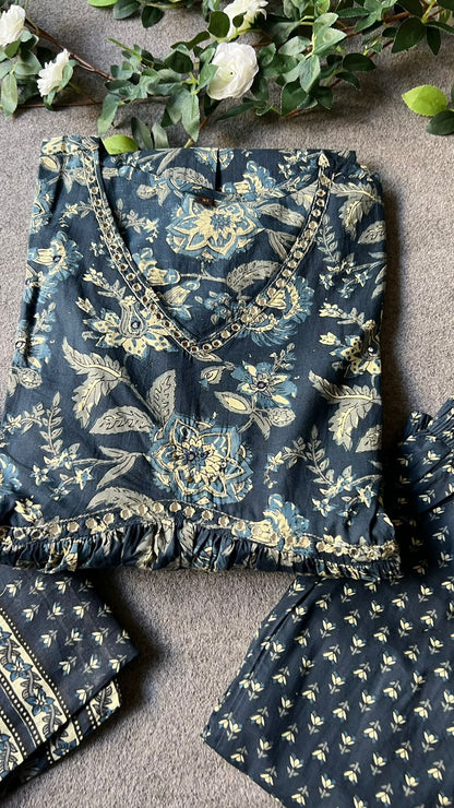 Deep blue cotton embroidered 3 piece kurti suit