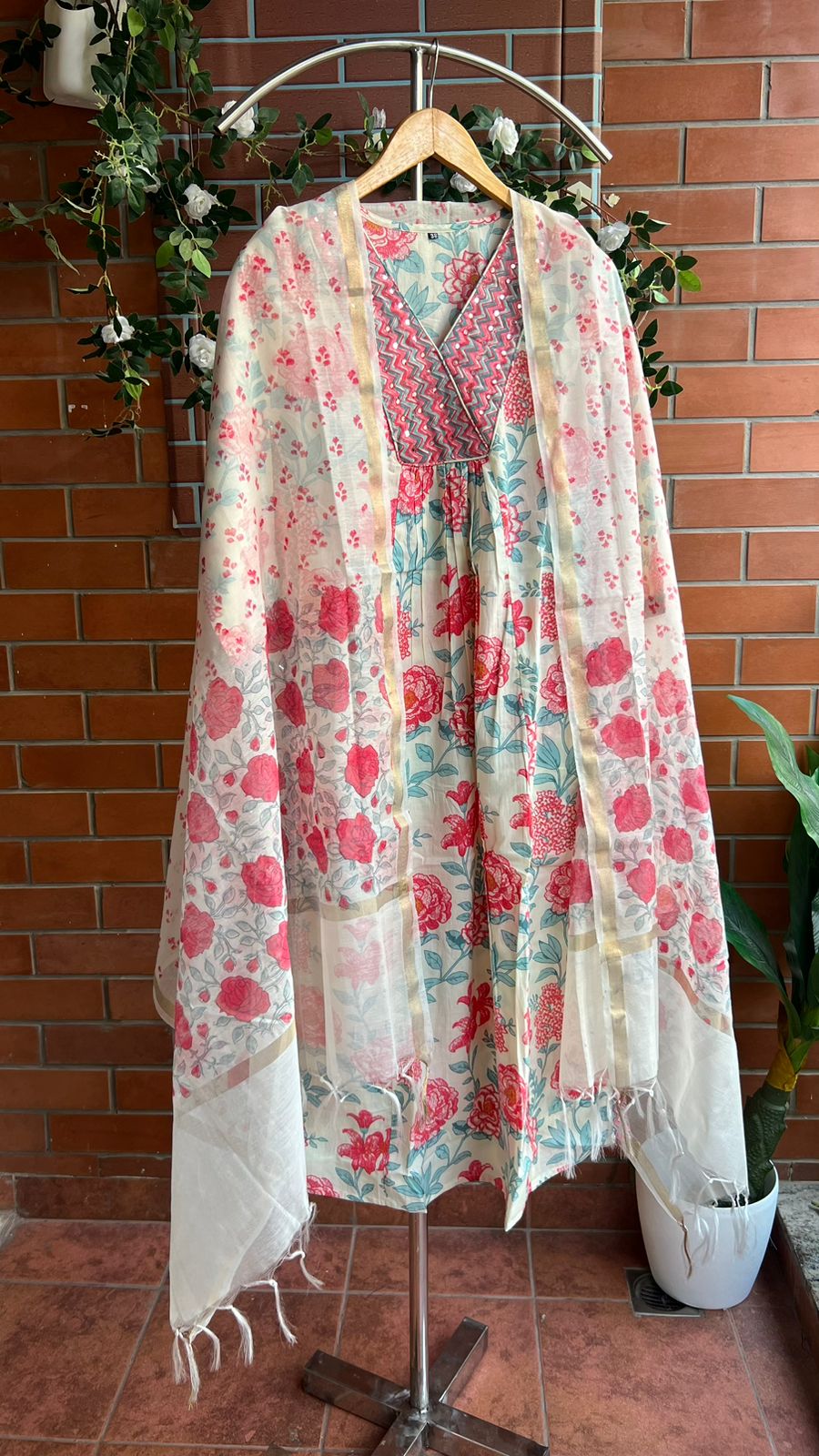 Half white floral cotton embroidered 3 piece kurti suit