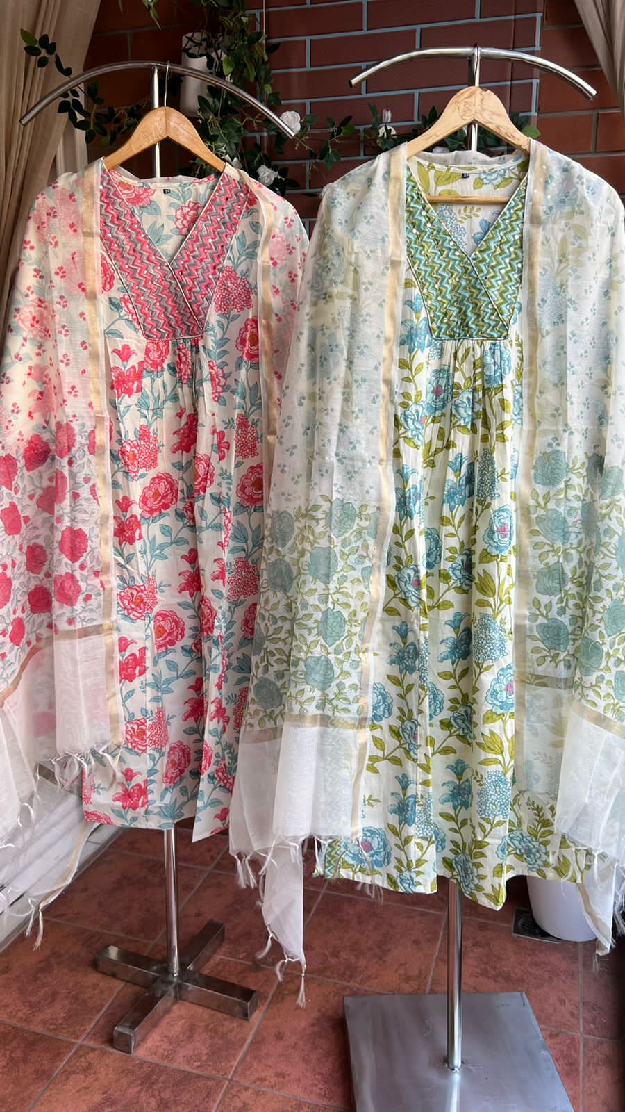 Half white & green floral cotton embroidered 3 piece kurti suit