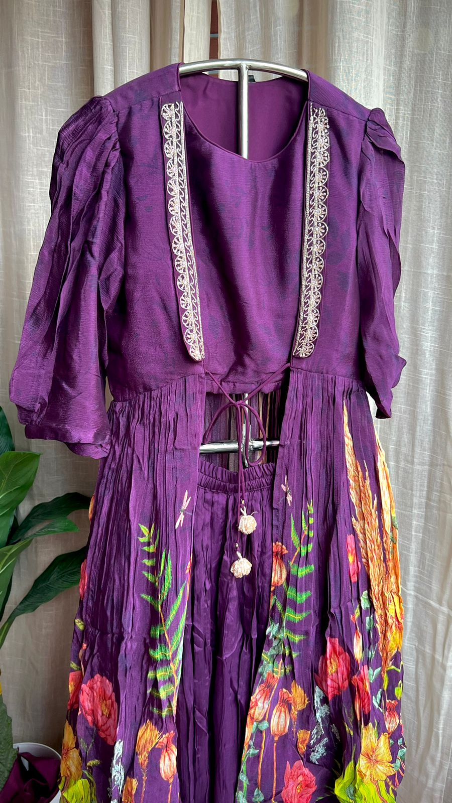 Purple chinnon floral embroidered 2 piece coord suit