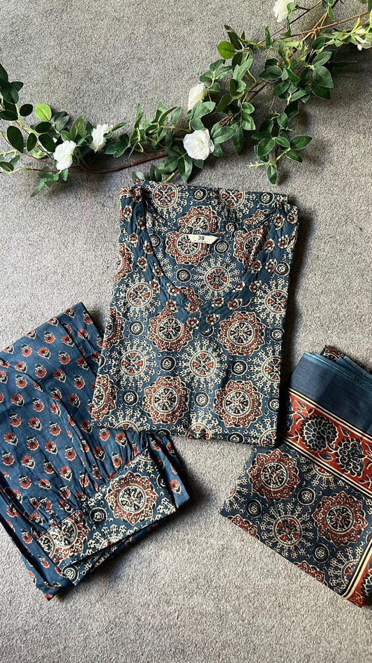 Blue cotton ajrak printed 3 piece kurti suit