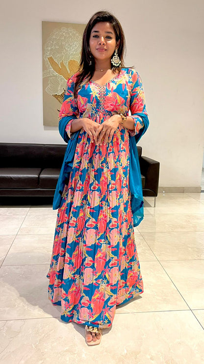 Rayon blue & pink floral printed 2 piece kurti maxi dress