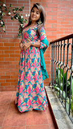 Rayon blue & pink floral printed 2 piece kurti maxi dress