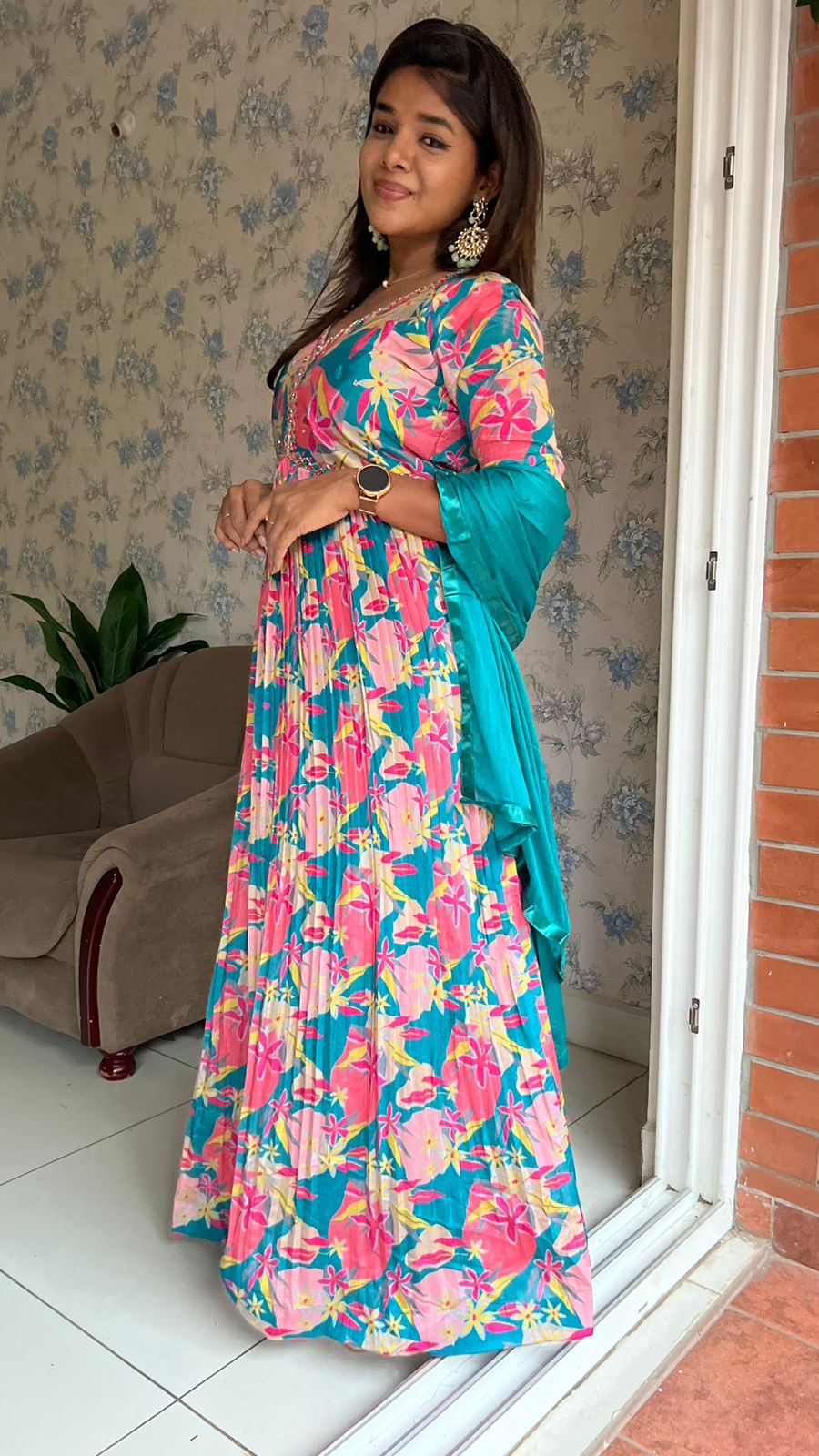 Rayon blue & pink floral printed 2 piece kurti maxi dress