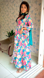Rayon blue & pink floral printed 2 piece kurti maxi dress