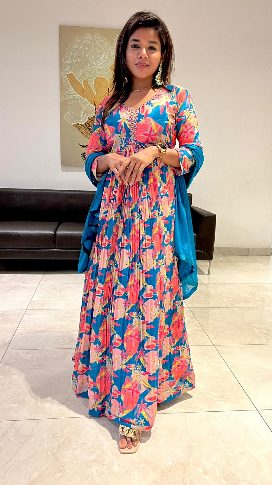 Rayon blue & pink floral printed 2 piece kurti maxi dress
