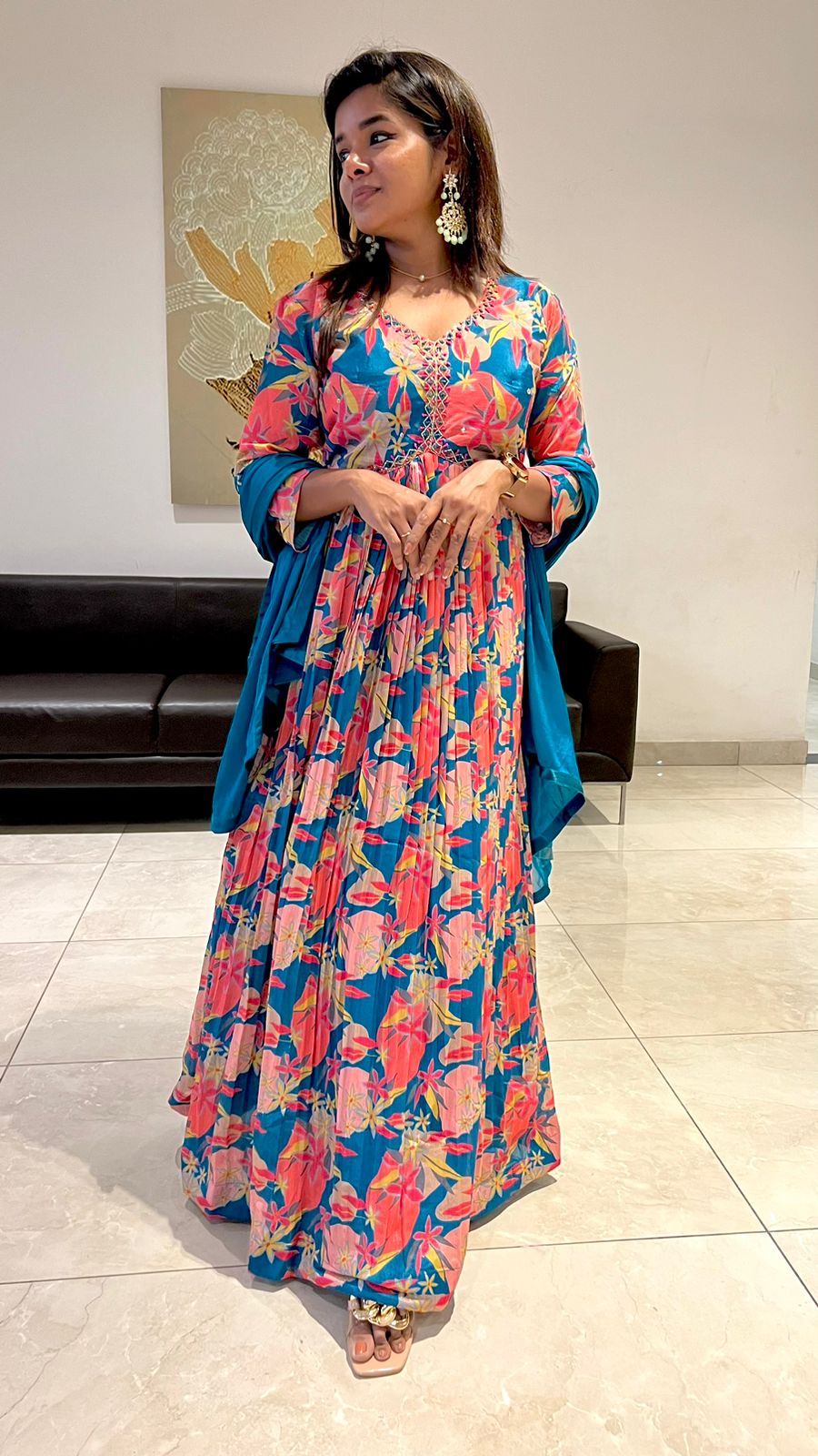 Rayon blue & pink floral printed 2 piece kurti maxi dress
