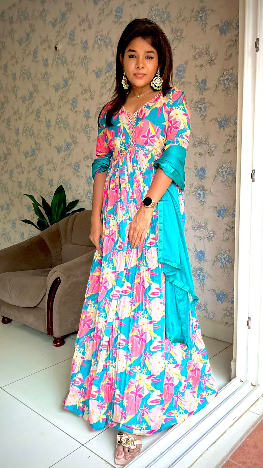 Rayon blue & pink floral printed 2 piece kurti maxi dress