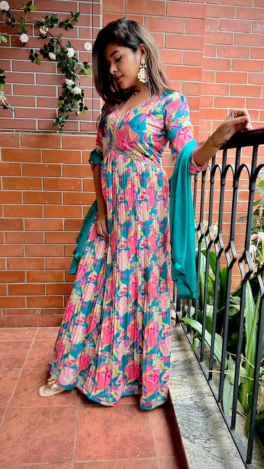 Rayon blue & pink floral printed 2 piece kurti maxi dress