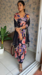 Black & violet floral printed 3 piece alia cut kurti suit