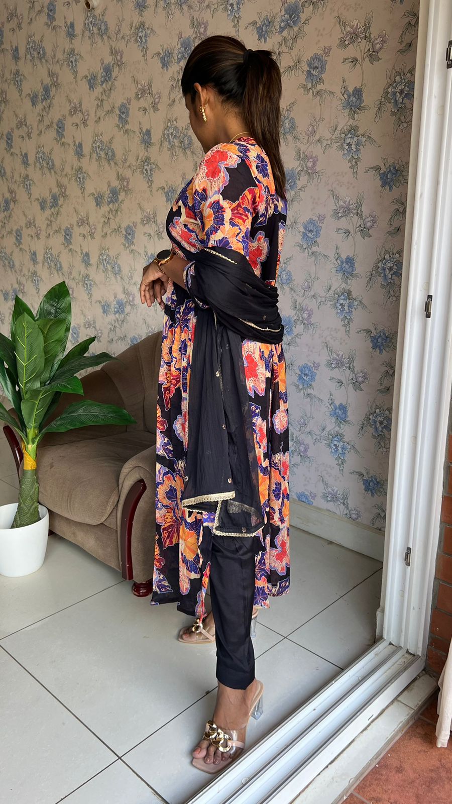 Black & violet floral printed 3 piece alia cut kurti suit