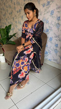 Black & violet floral printed 3 piece alia cut kurti suit