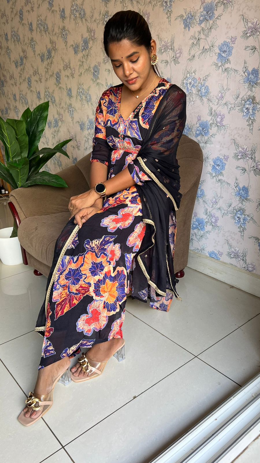 Black & violet floral printed 3 piece alia cut kurti suit