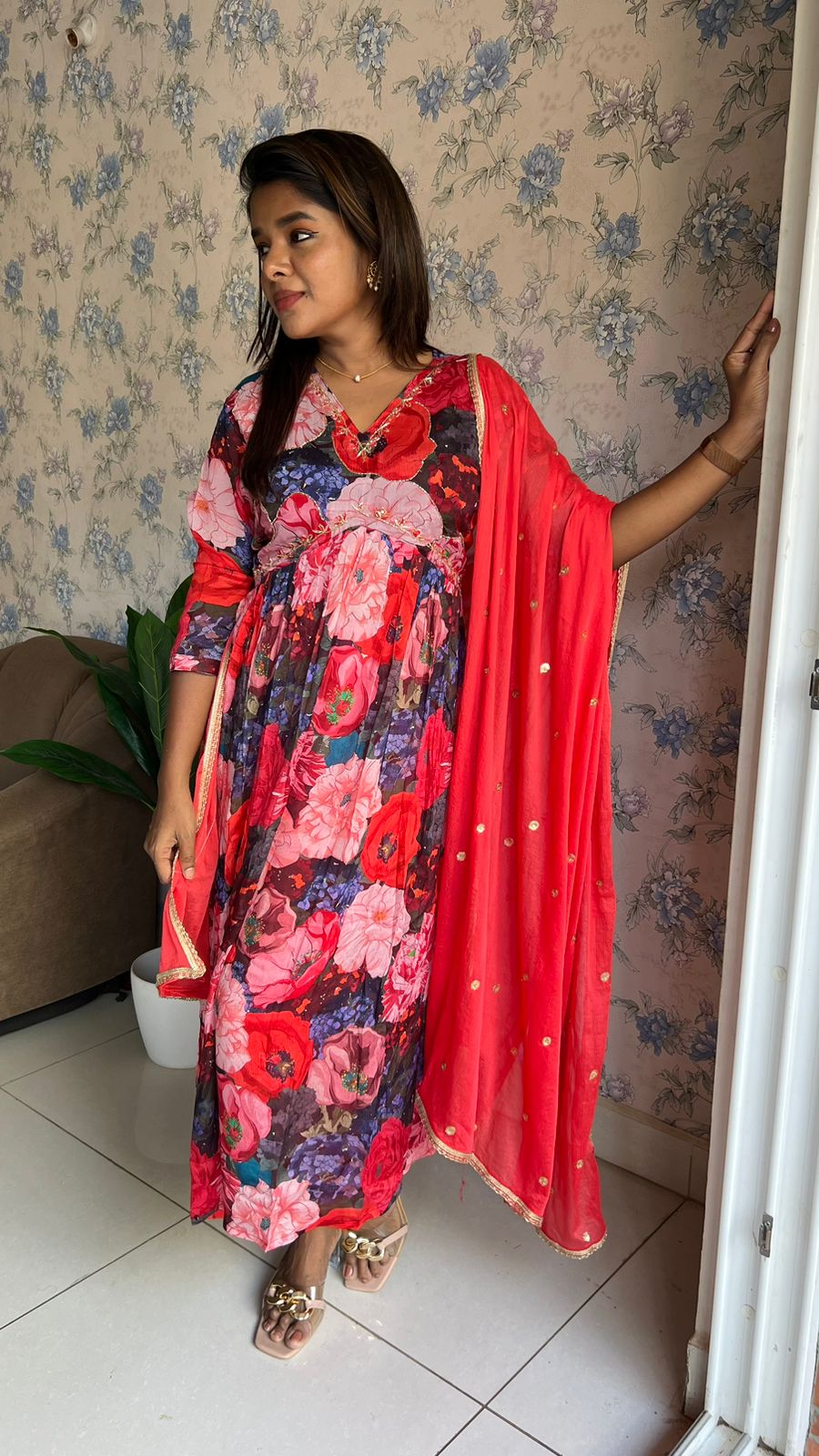 Red floral printed 3 piece alia cut kurti suit