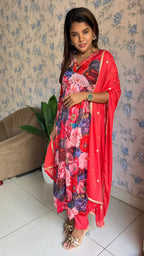 Red floral printed 3 piece alia cut kurti suit