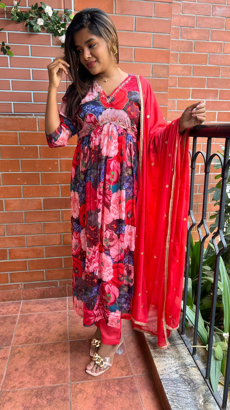 Red floral printed 3 piece alia cut kurti suit