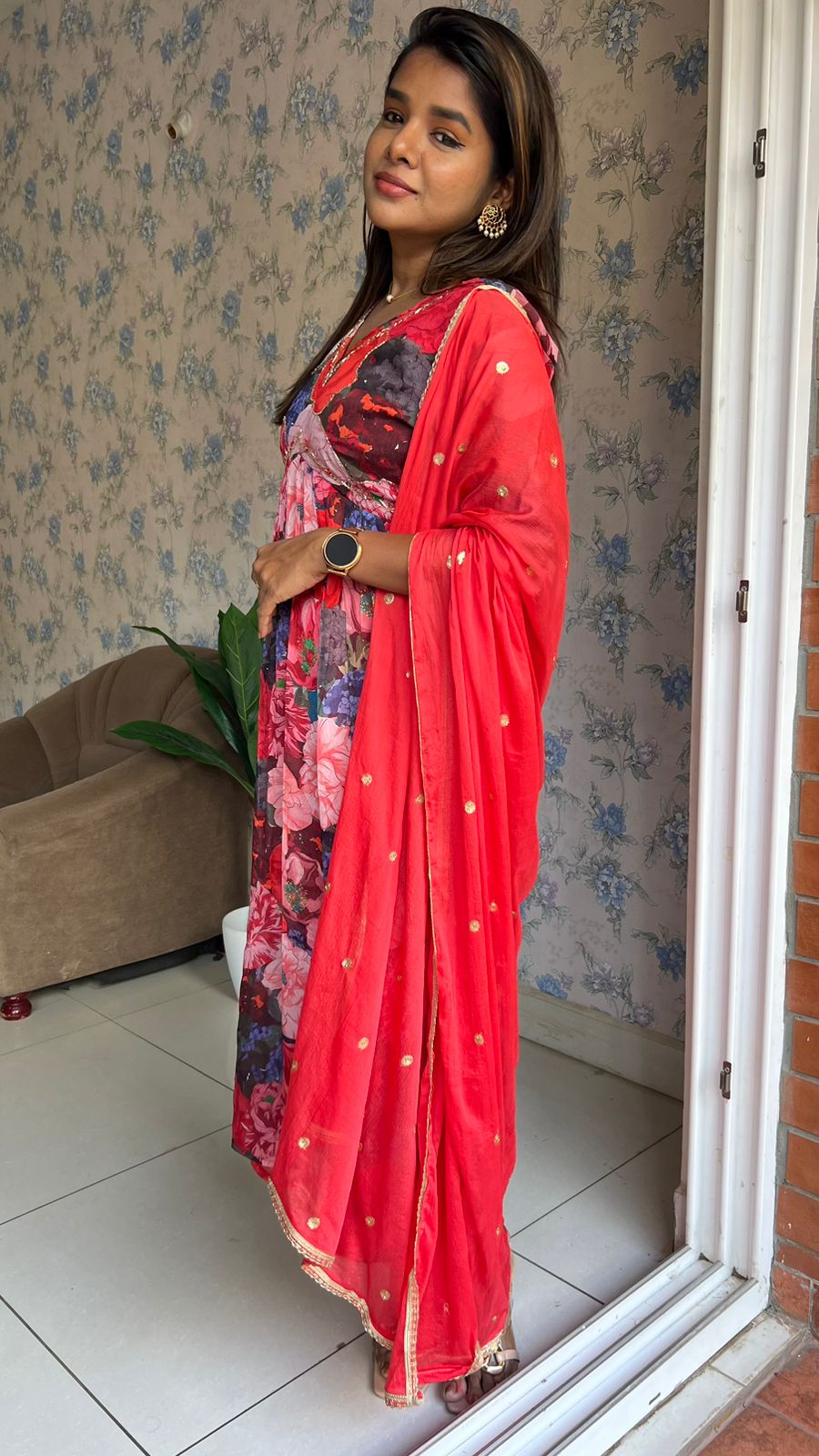 Red floral printed 3 piece alia cut kurti suit
