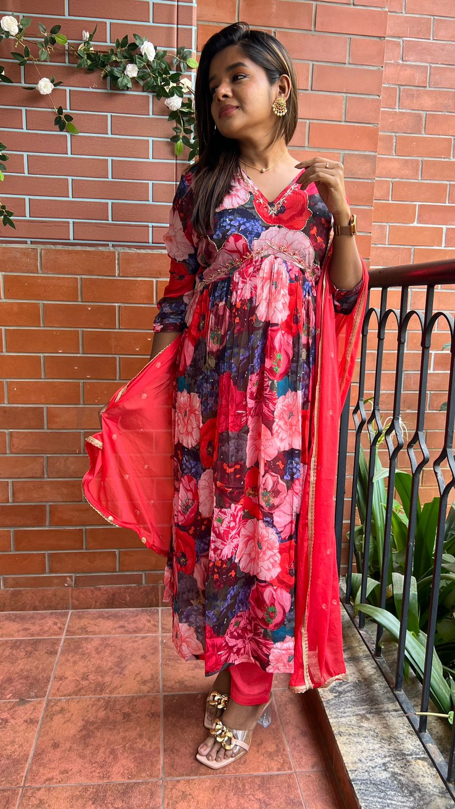 Red floral printed 3 piece alia cut kurti suit
