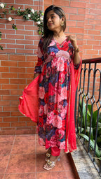 Red floral printed 3 piece alia cut kurti suit