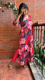 Red floral printed 3 piece alia cut kurti suit