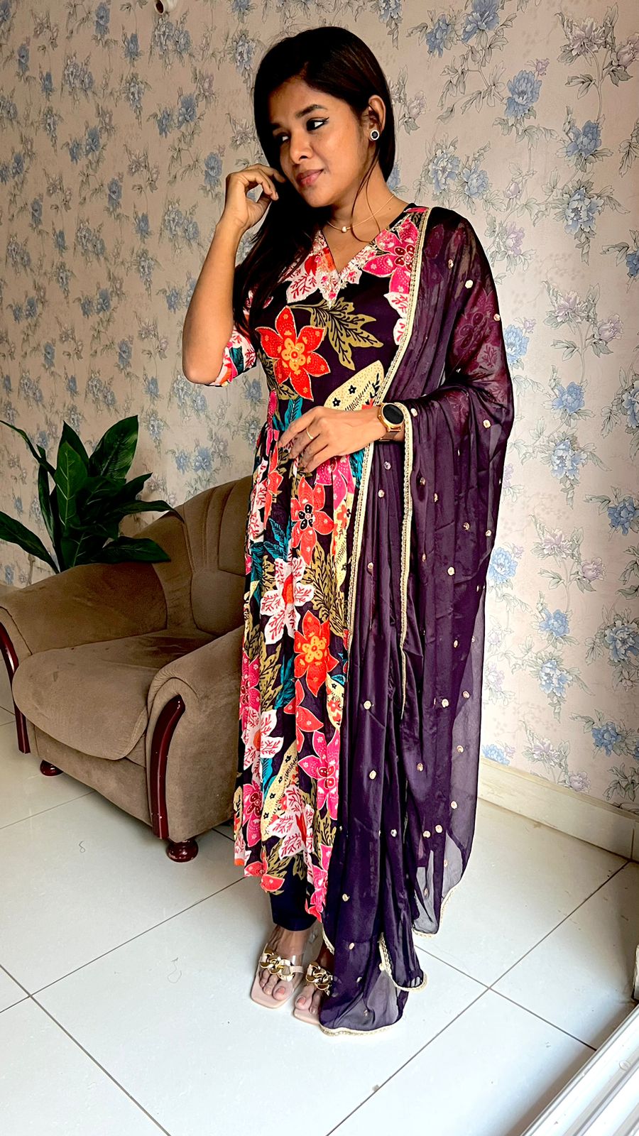 Wine floral printed 3 piece alia cut kurti suit