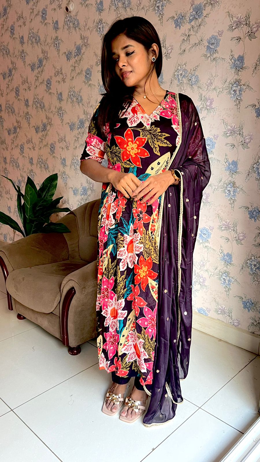 Wine floral printed 3 piece alia cut kurti suit