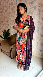 Wine floral printed 3 piece alia cut kurti suit