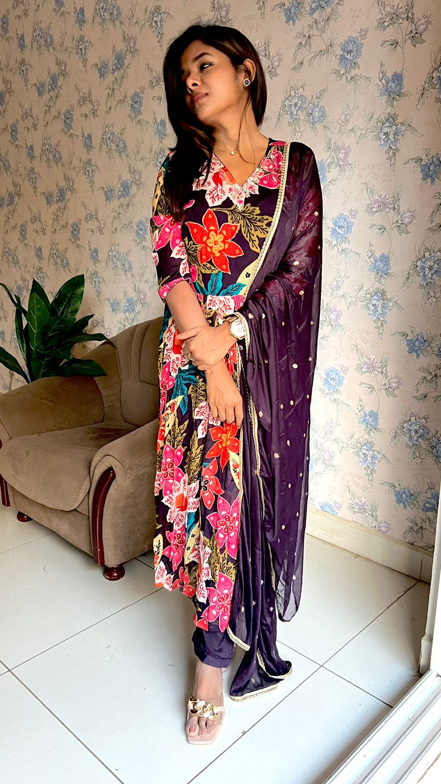 Wine floral printed 3 piece alia cut kurti suit
