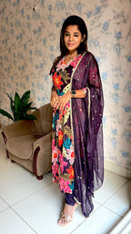 Wine floral printed 3 piece alia cut kurti suit