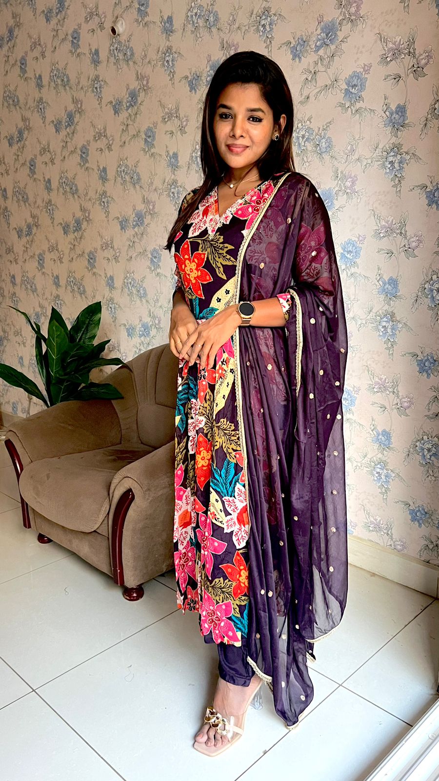 Wine floral printed 3 piece alia cut kurti suit