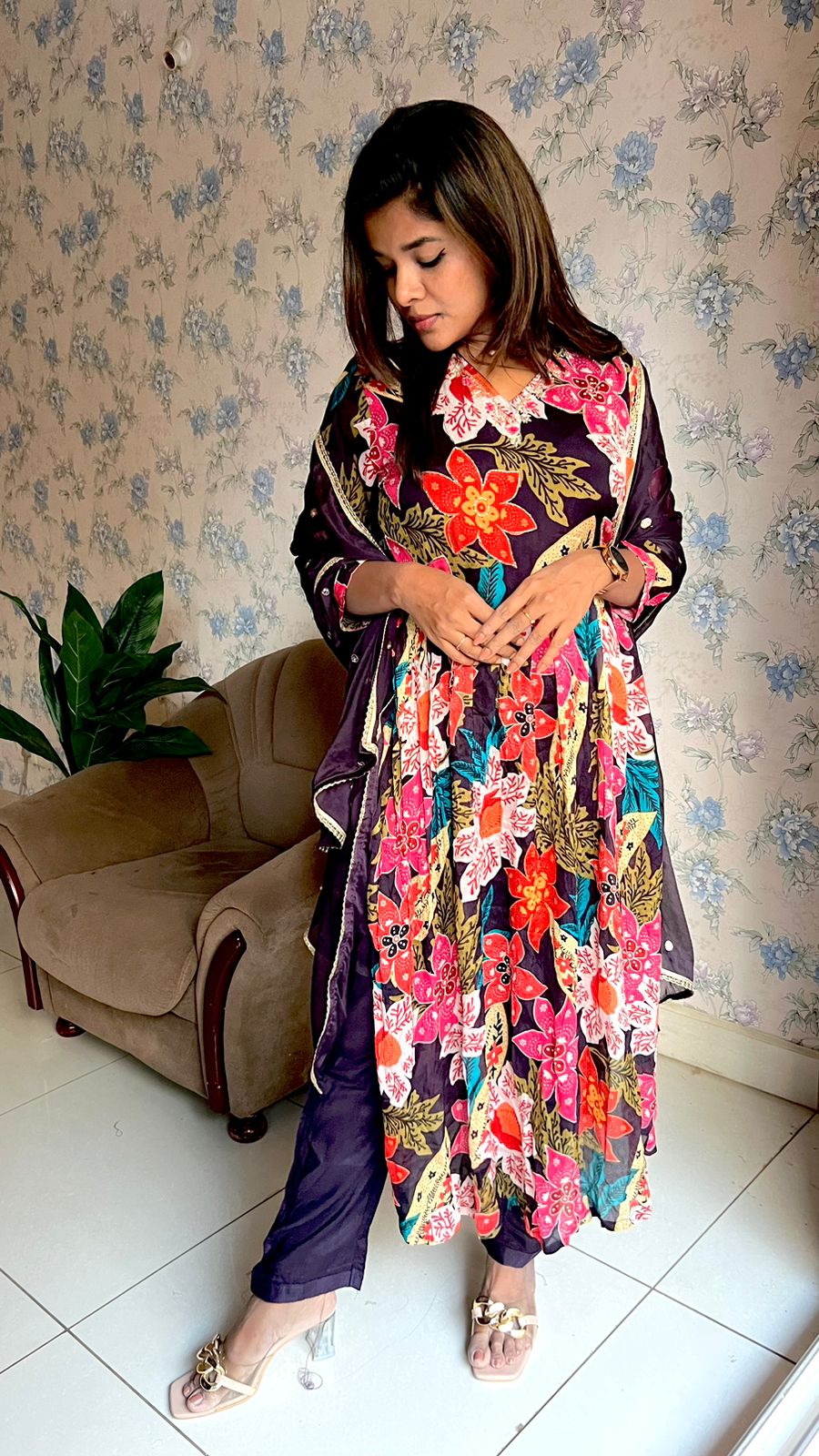 Wine floral printed 3 piece alia cut kurti suit