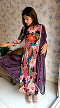 Wine floral printed 3 piece alia cut kurti suit