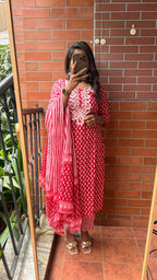 Red pure cotton embroidered 3 piece kurti suit