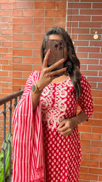 Red pure cotton embroidered 3 piece kurti suit