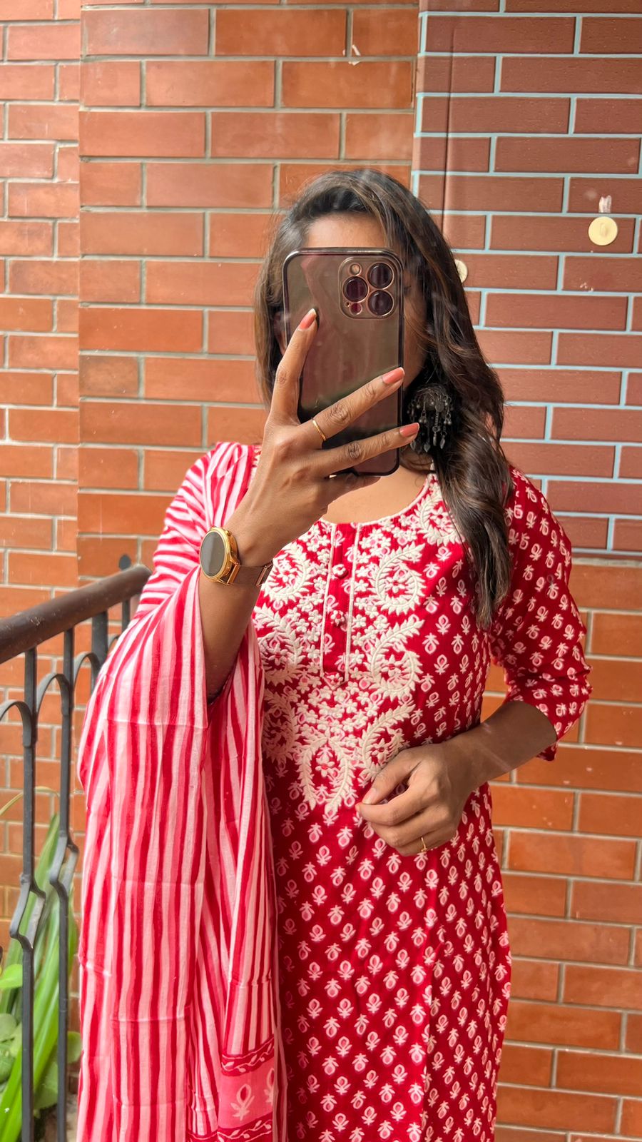 Red pure cotton embroidered 3 piece kurti suit