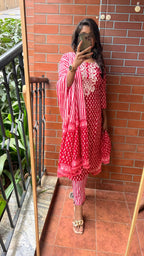 Red pure cotton embroidered 3 piece kurti suit