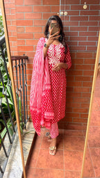 Red pure cotton embroidered 3 piece kurti suit