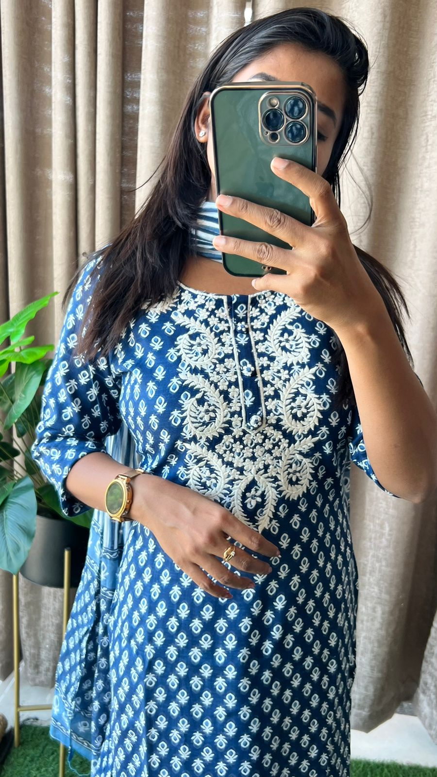 Blue pure cotton embroidered 3 piece kurti suit