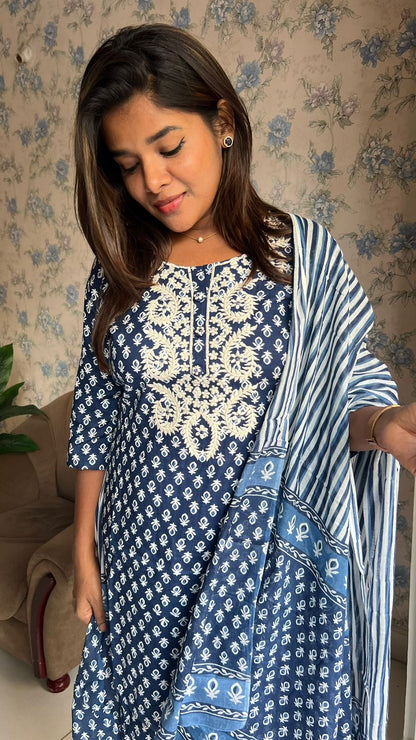 Blue pure cotton embroidered 3 piece kurti suit
