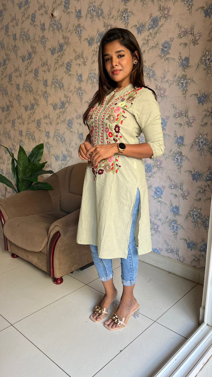 Light green cotton embroidery kurti top
