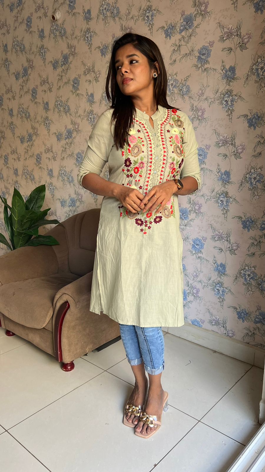 Light green cotton embroidery kurti top