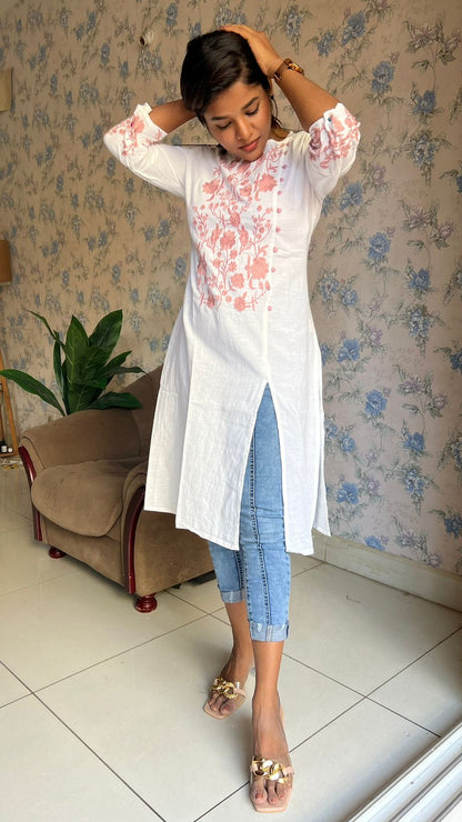 White cotton embroidery kurti top