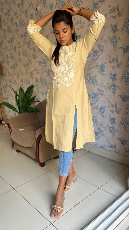 Yellow cotton embroidery kurti top