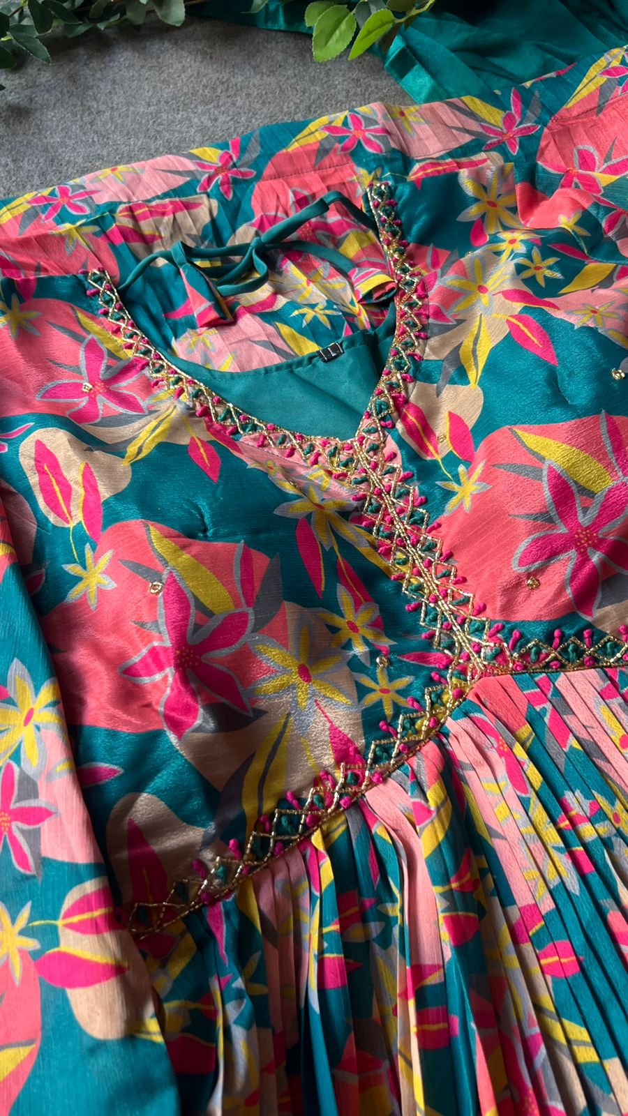 Rayon blue & pink floral printed 2 piece kurti maxi dress