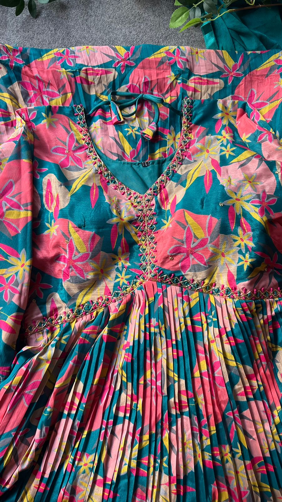 Rayon blue & pink floral printed 2 piece kurti maxi dress