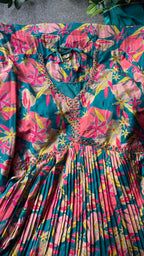 Rayon blue & pink floral printed 2 piece kurti maxi dress