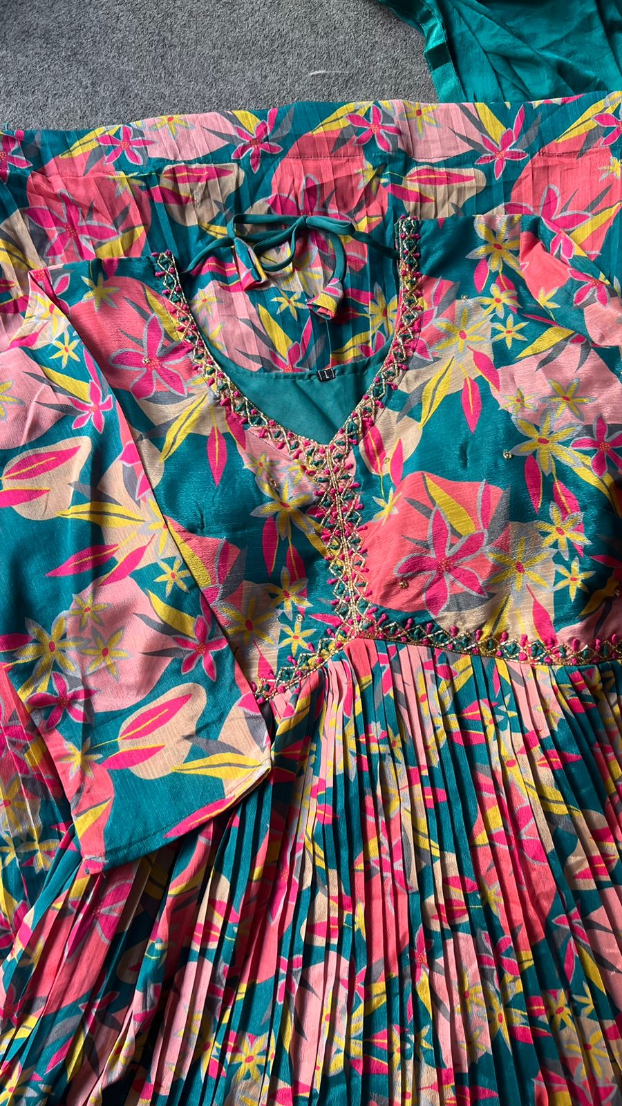 Rayon blue & pink floral printed 2 piece kurti maxi dress